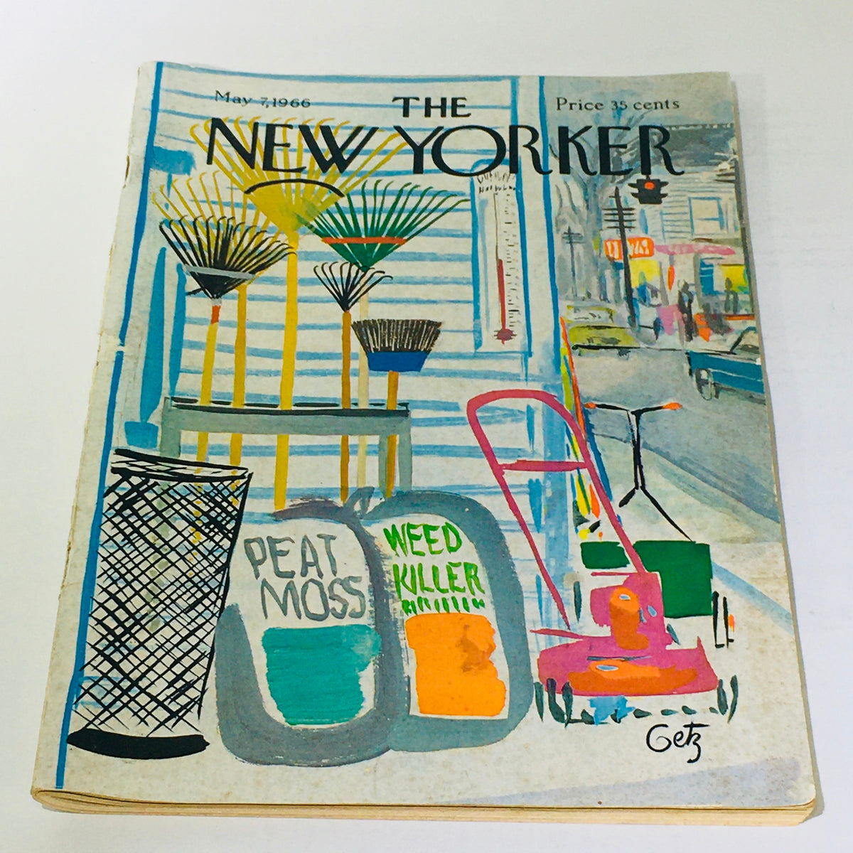 The New Yorker: May 7 1966 Full Magazine featuring a colorful theme cover by Arthur Getz, showcasing gardening tools and supplies including peat moss and weed killer, set against a vibrant street backdrop.