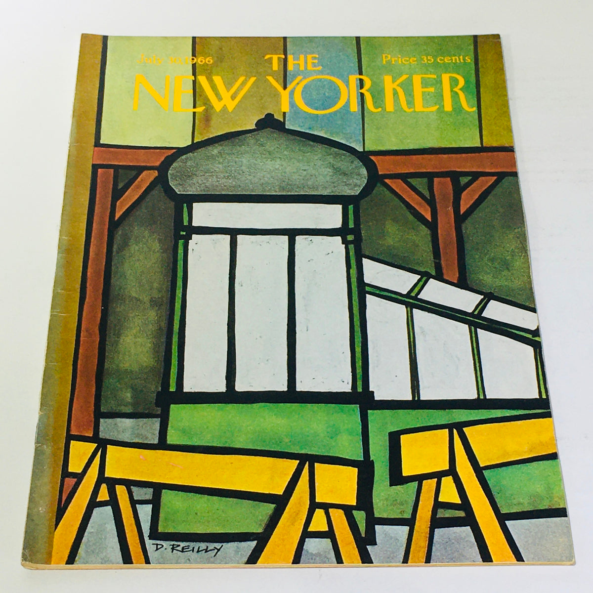 The New Yorker: July 30, 1966 Full Magazine cover featuring artwork by Donal Reilly, showcasing vibrant colors and geometric patterns, emblematic of mid-20th century design.