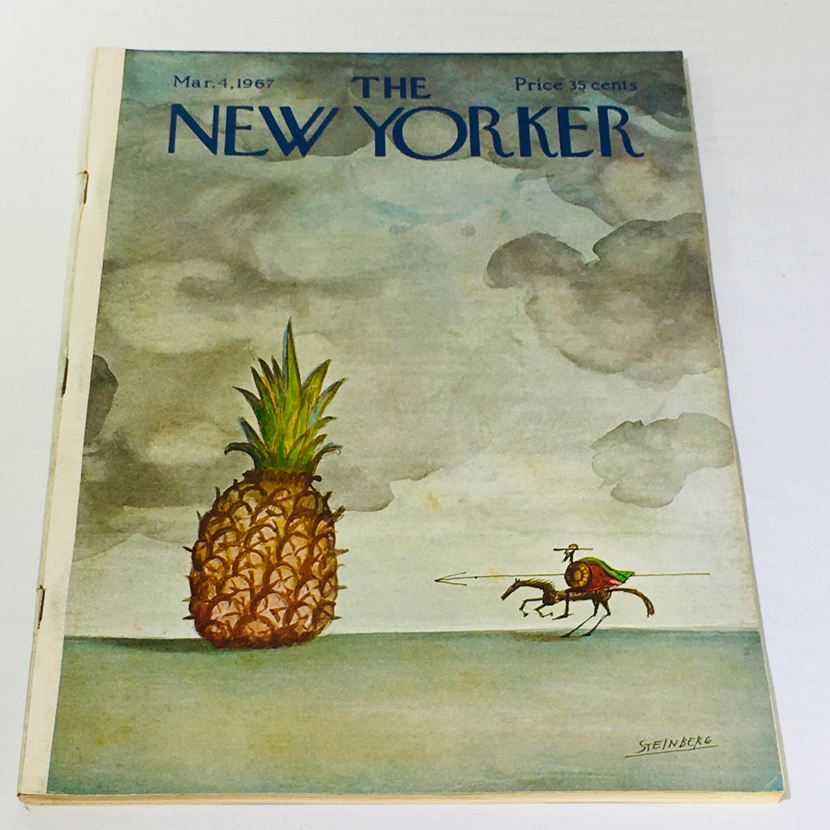 Cover of The New Yorker, March 4, 1967, featuring a whimsical illustration by Saul Steinberg depicting a pineapple and a rider on a strange horse, emphasizing artistic creativity and humor.