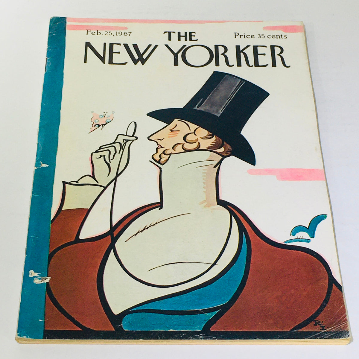 The New Yorker: February 25 1967 Full Magazine cover featuring an illustration of a man in a top hat with a collar, holding a monocle, surrounded by whimsical elements and colors.