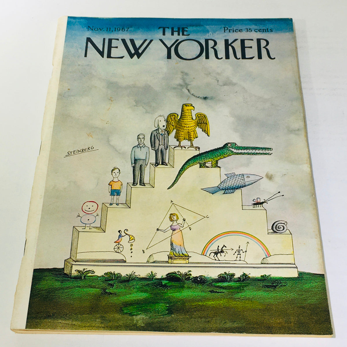Cover of The New Yorker magazine from November 11, 1967, featuring a unique illustration by Saul Steinberg, showcasing whimsical characters and animals on stairs, embellished with colorful details and the magazine's title prominently displayed.