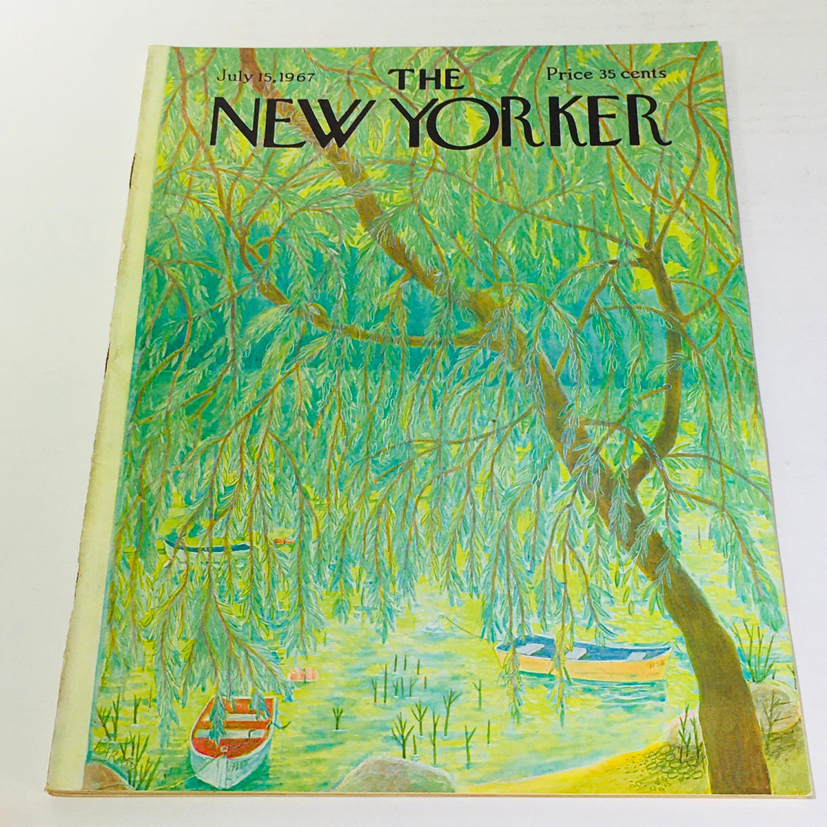 Vintage magazine cover of The New Yorker dated July 15, 1967, illustrated by Ilonka Karasz featuring serene willow trees and boats on water, capturing the essence of mid-20th century artistry.