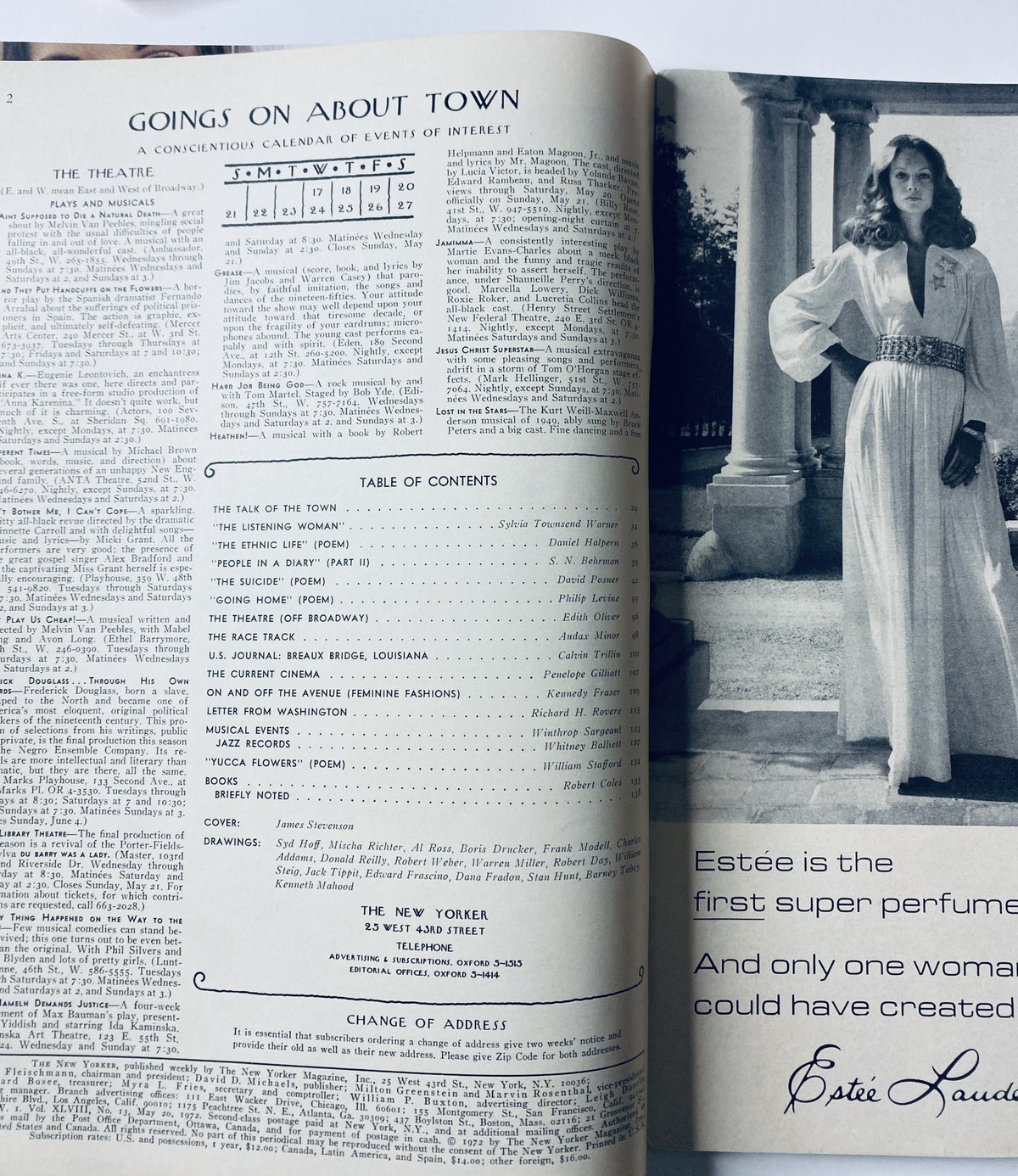 The New Yorker Magazine May 20, 1972 cover featuring text about 'Goings on About Town' including 'The Theatre' and a table of contents, alongside an advertisement for Estée Lauder, highlighting the first super perfume.