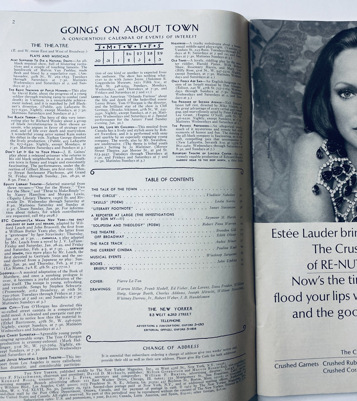 Interior pages of The New Yorker Magazine January 29, 1972, displaying the table of contents and articles, including contributions from notable authors.