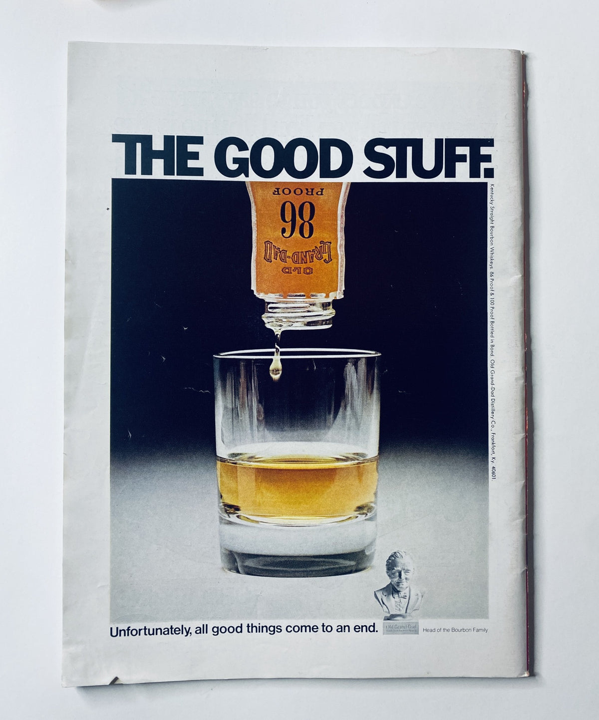 Back cover of The New Yorker Magazine January 29, 1972, featuring a striking advertisement for a whiskey brand with a close-up of the product being poured.