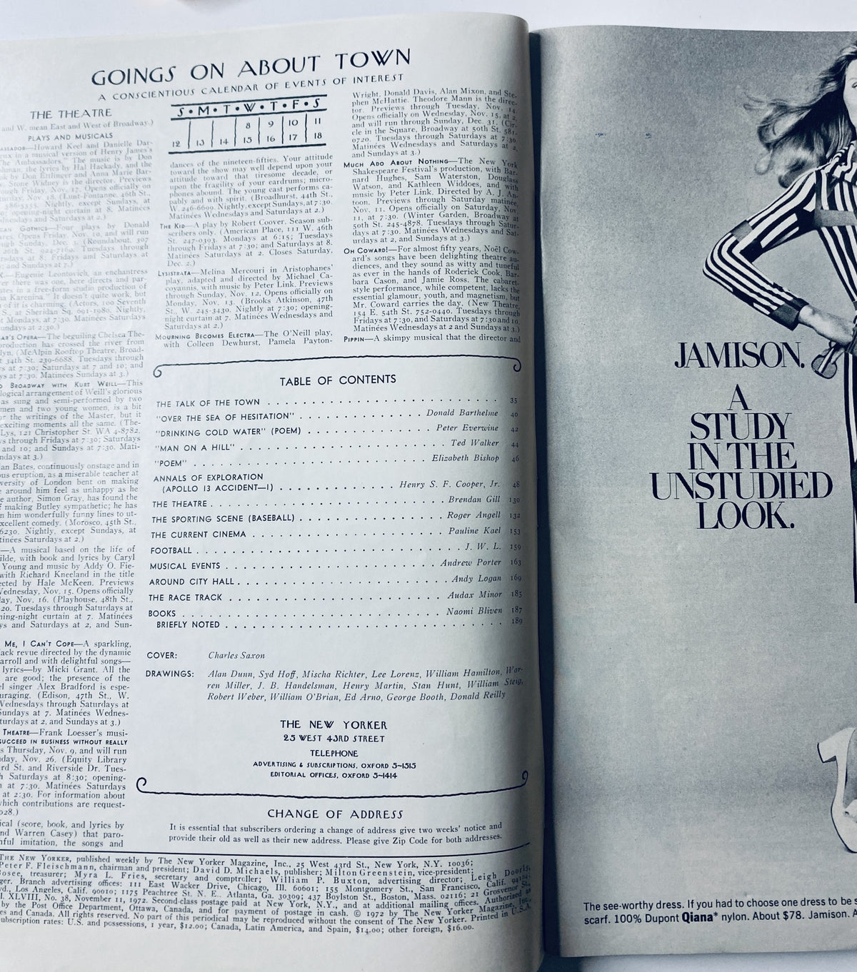 Interior page of The New Yorker magazine, November 11, 1972, showcasing the Table of Contents and details about goings on about town, with illustrations and writings from various authors.