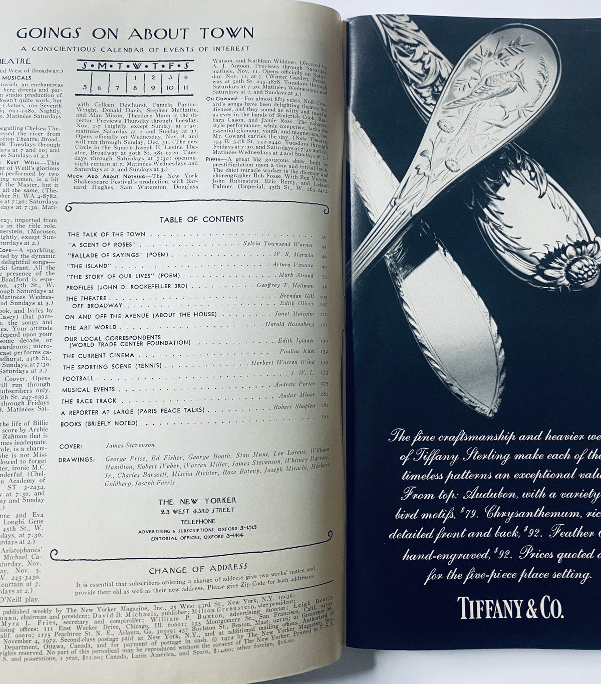 Inside spread of The New Yorker Magazine November 4, 1972 showing the Table of Contents and articles including 'The Talk of the Town'.