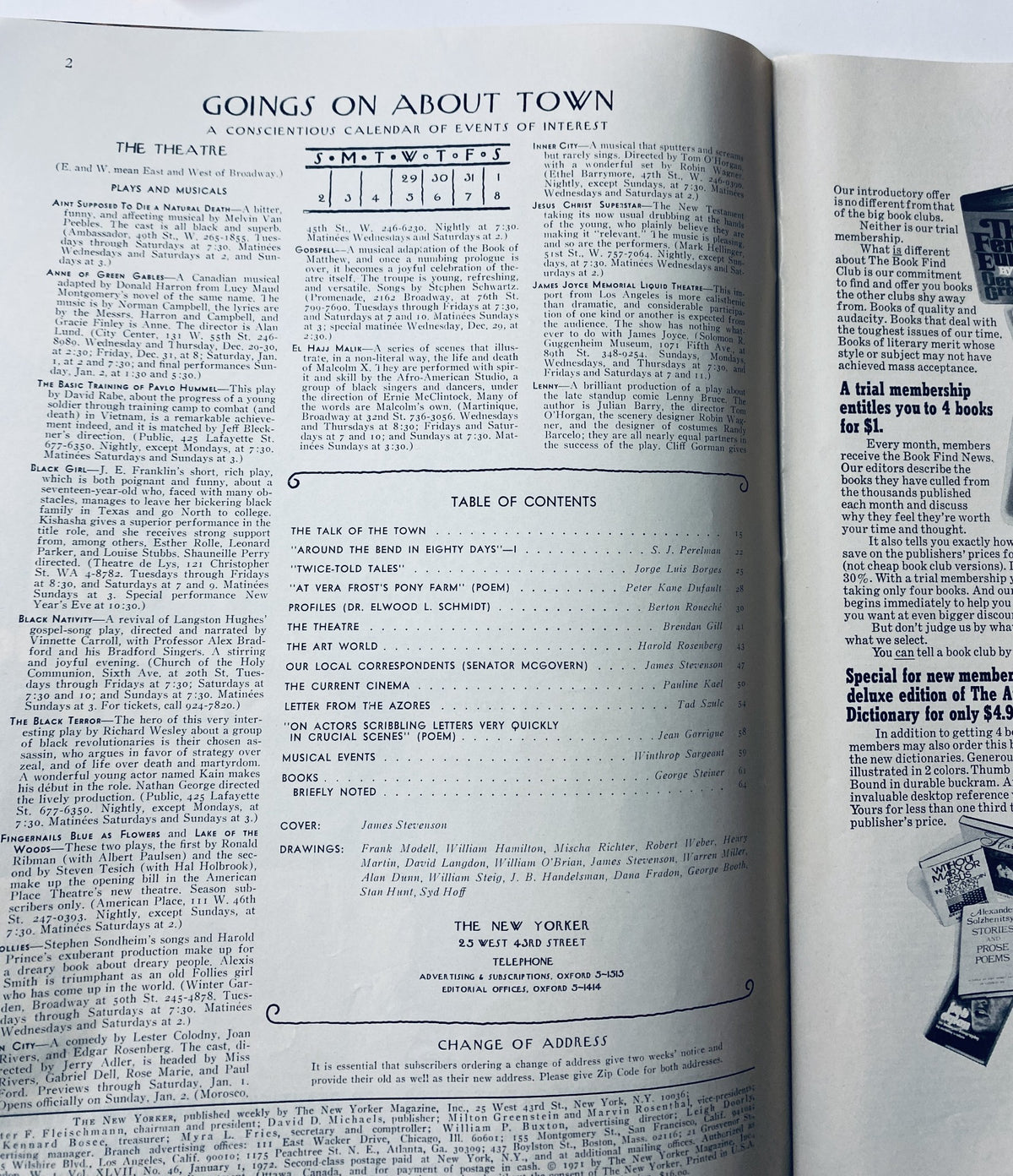Interior page of The New Yorker Magazine January 1, 1972 showing the table of contents and calendar of events under the heading 'Goings On About Town'.