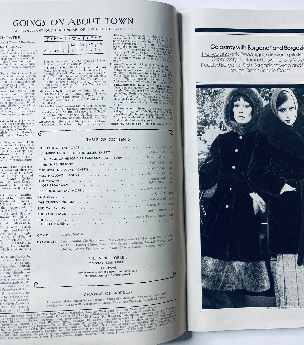 Inside spread of The New Yorker Magazine October 28, 1972 showcasing the Table of Contents alongside a schedule for town events, highlighting the magazine's literary offerings.