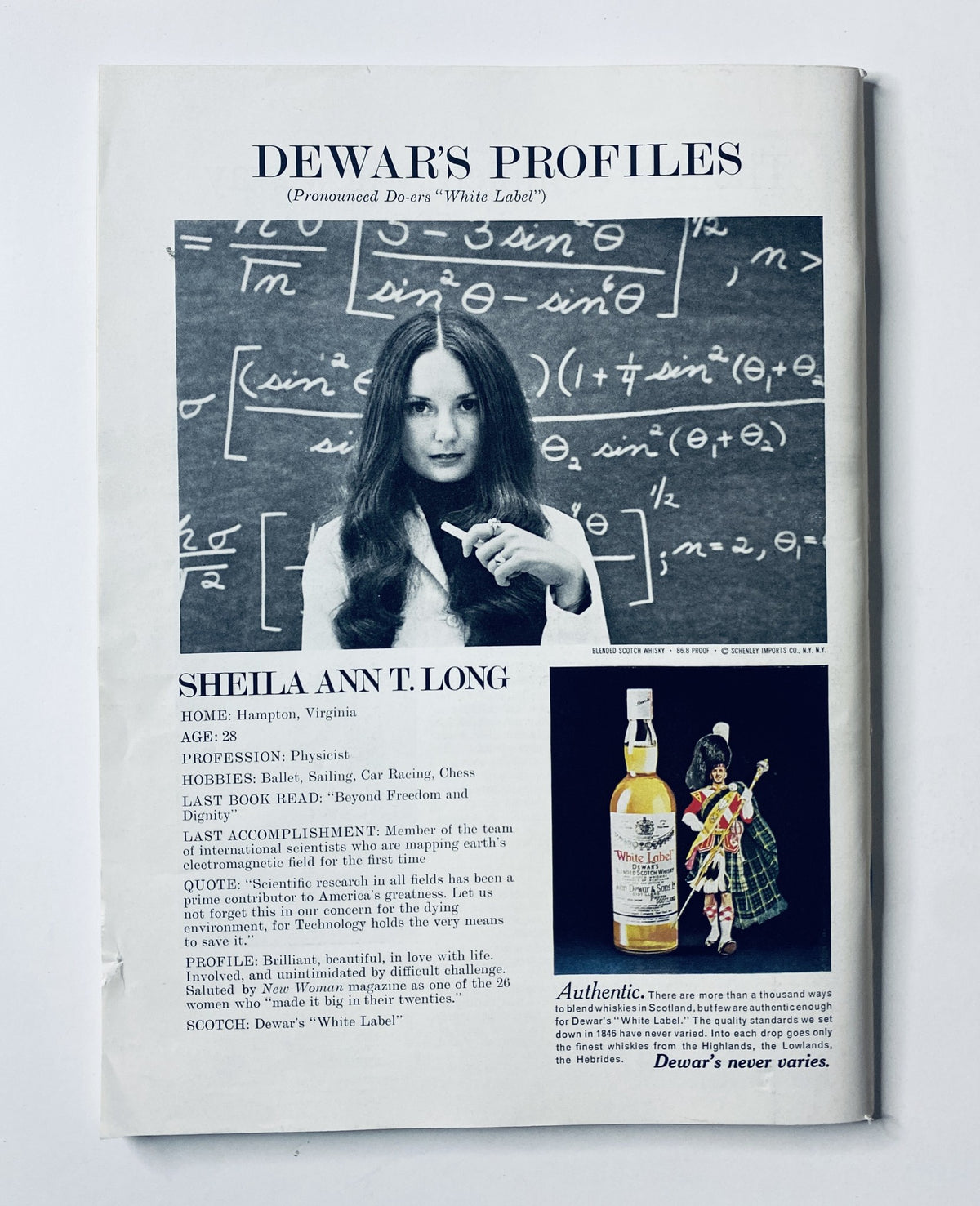 Profile page from The New Yorker Magazine October 28, 1972 featuring Sheila Ann T. Long, detailing her professional background and accomplishments, set against a backdrop of academic content.