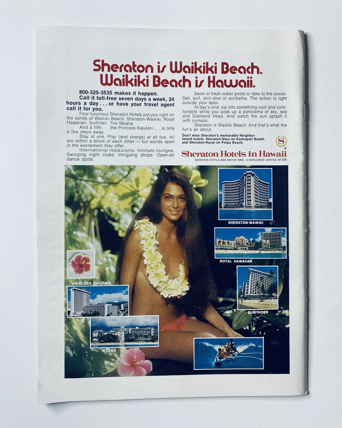 Advertisement page from The New Yorker Magazine, August 26, 1972, promoting Sheraton Hotels in Waikiki Beach, Hawaii.