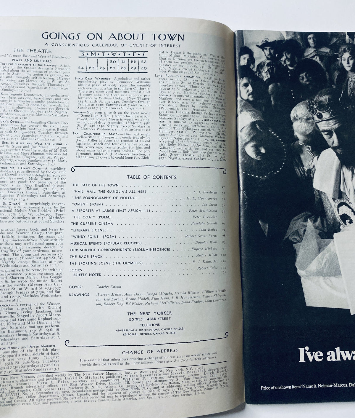 Inside page of The New Yorker Magazine September 23, 1972 displaying the Table of Contents and 'Goings on About Town' calendar, highlighting various cultural events and articles.
