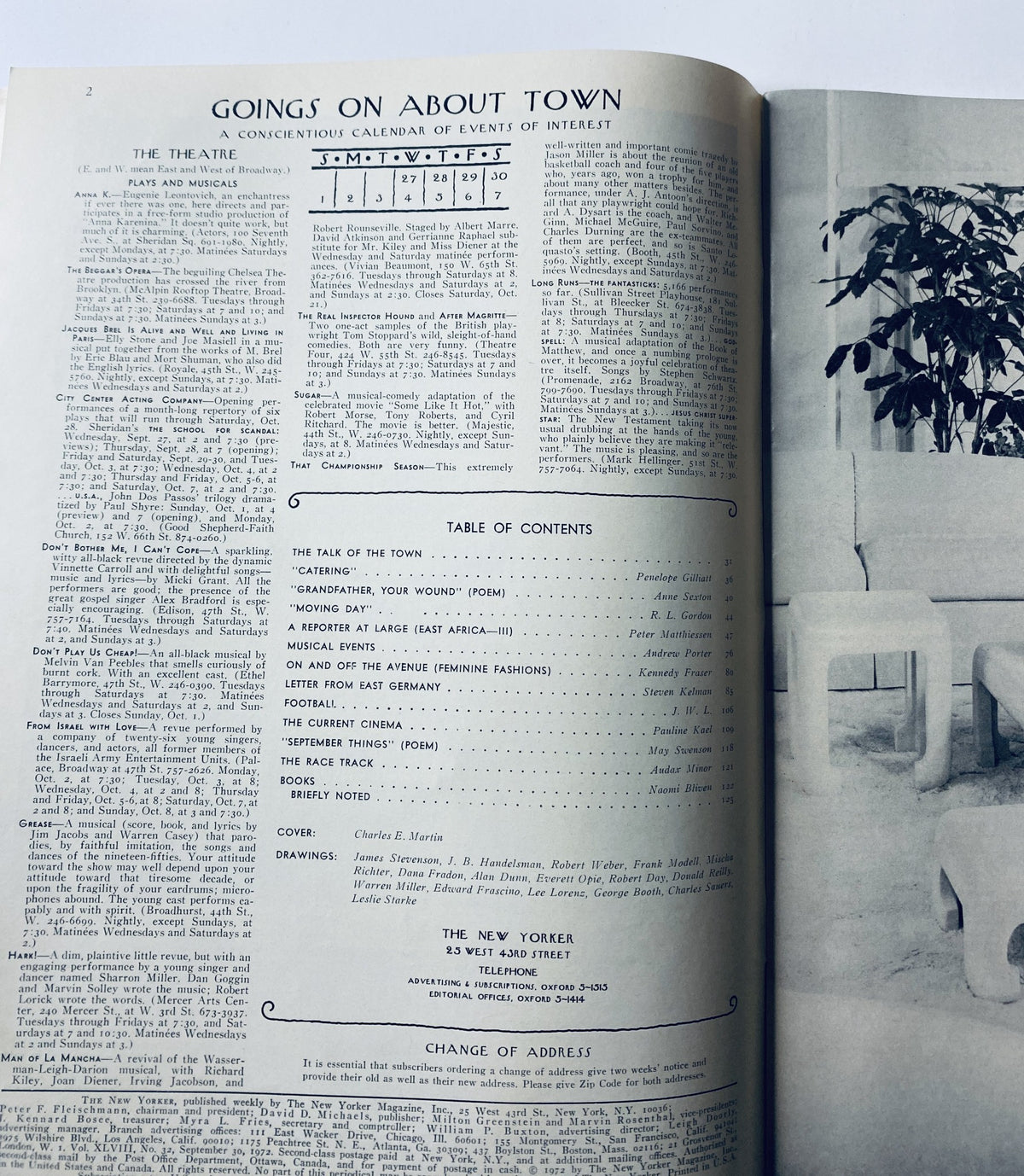 Inside page of The New Yorker Magazine September 30, 1972 showing the table of contents and a calendar of events, detailing featured articles and contributors.