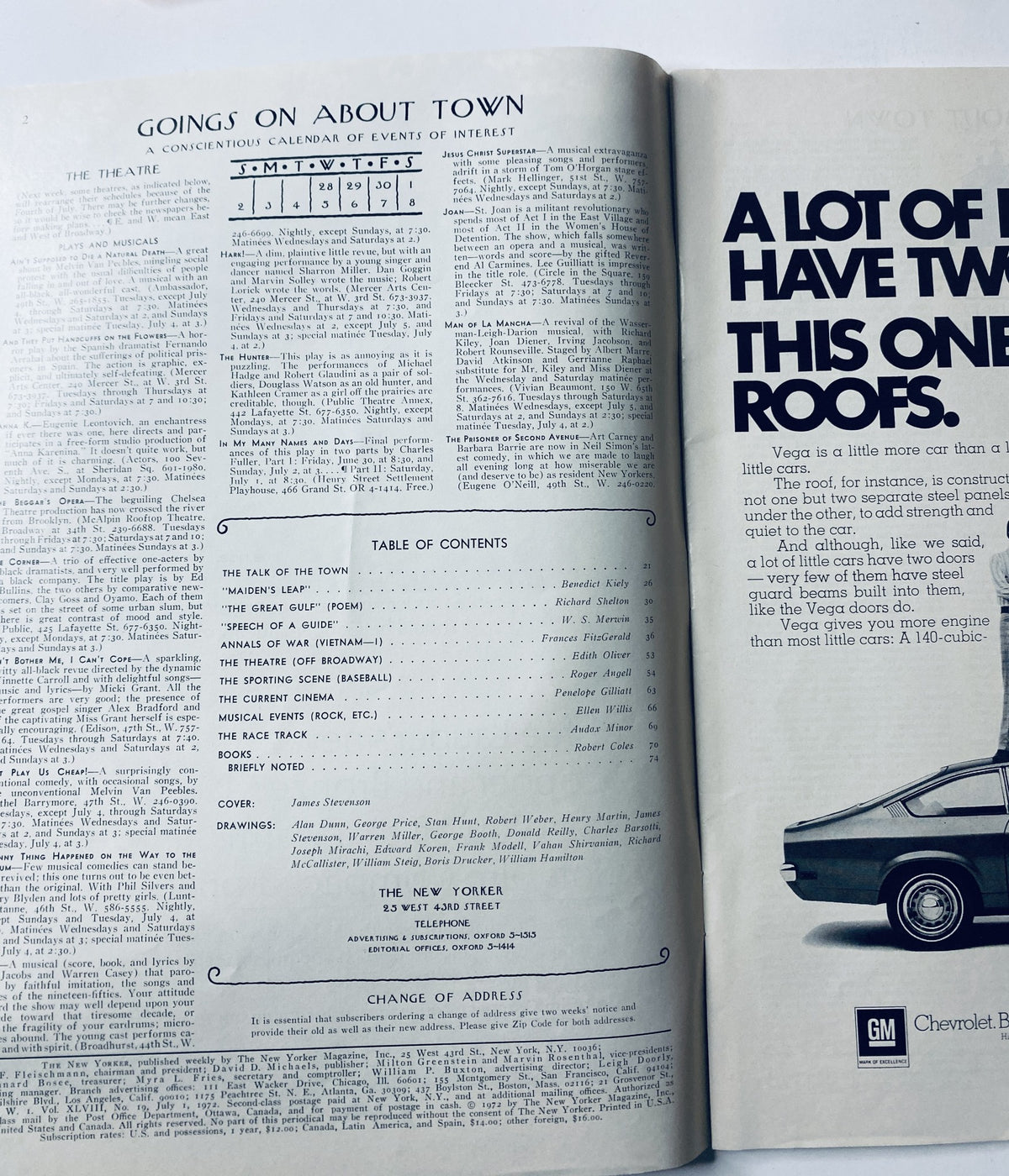 Inside spread of The New Yorker Magazine July 1, 1972 showcasing a calendar of events and the Table of Contents for the issue.