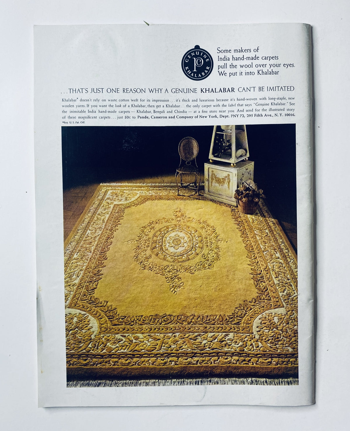 Advertisement for genuine Khalabar carpets featured in The New Yorker Magazine July 1, 1972, highlighting the quality and design of handmade rugs.