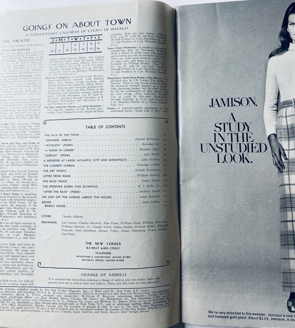 Inside spread of The New Yorker Magazine September 9, 1972 showcasing the table of contents and advertisements, including a calendar of events.