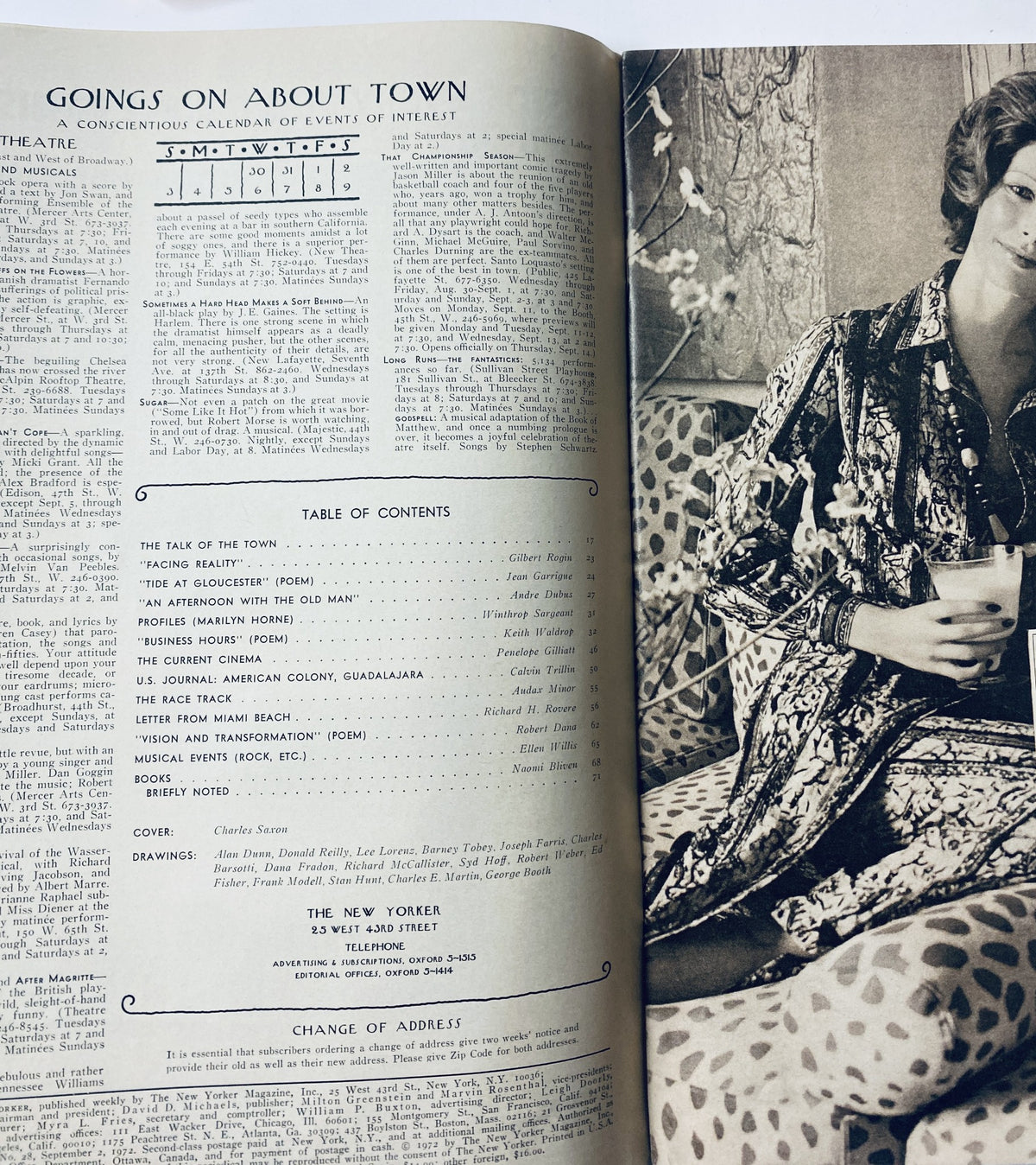 An interior page from The New Yorker Magazine September 2, 1972 showcasing the Table of Contents and a calendar of events, highlighting articles and features from that issue.