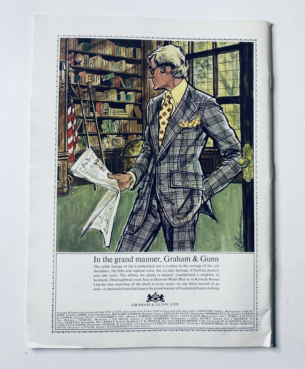 Vintage advertisement featuring a gentleman in a stylish plaid suit holding newspapers, promoting Graham & Gunn. Accompanied by the magazine cover titled 'The New Yorker Magazine September 2, 1972 Beach Umbrellas Lifeguard C. Saxon.'