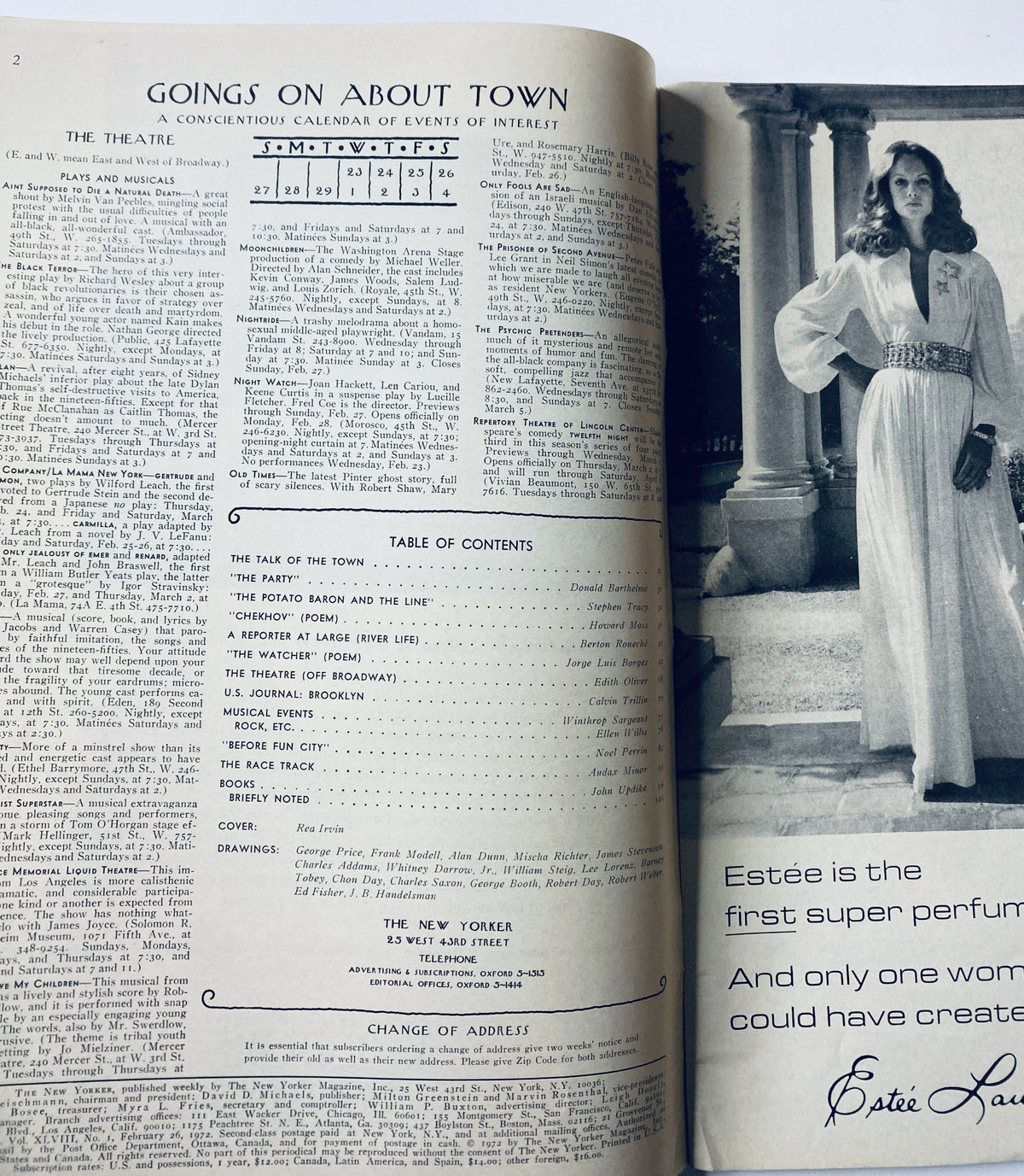 Inside page of The New Yorker Magazine February 26, 1972 displaying 'Goings On About Town' calendar and the Table of Contents, capturing the magazine's cultural highlights.
