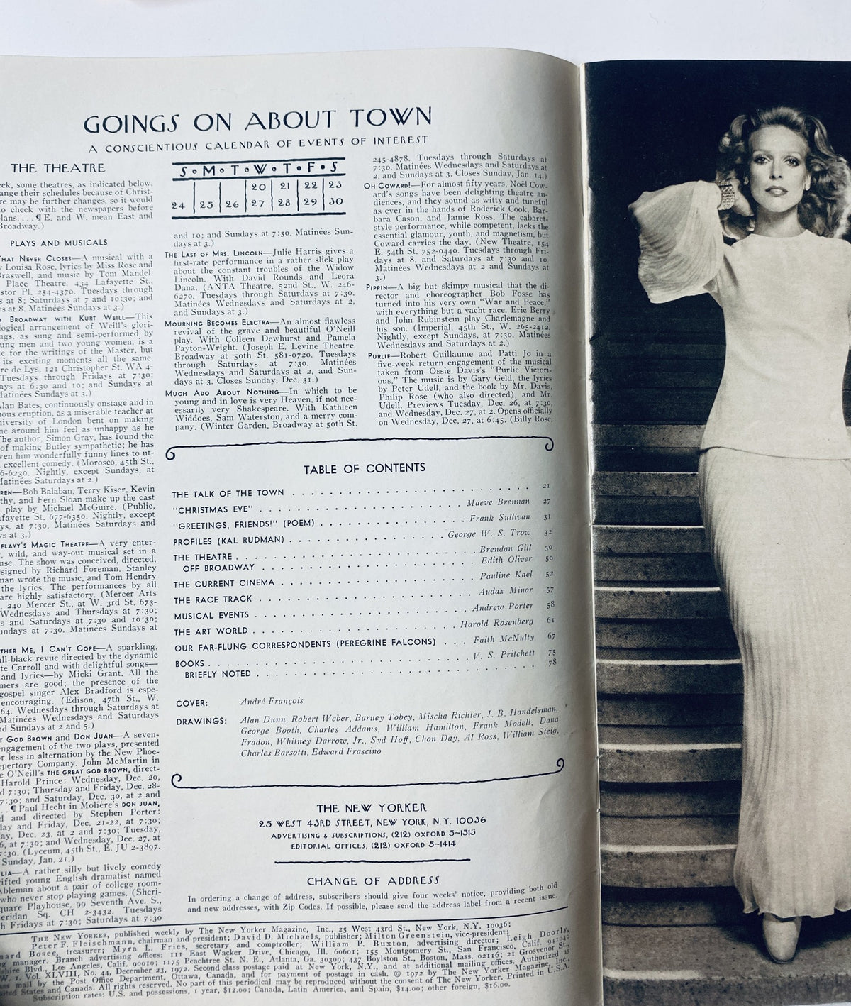 Interior page from The New Yorker Magazine December 23, 1972 depicting the 'Goings On About Town' section, showcasing a calendar of events and the Table of Contents.