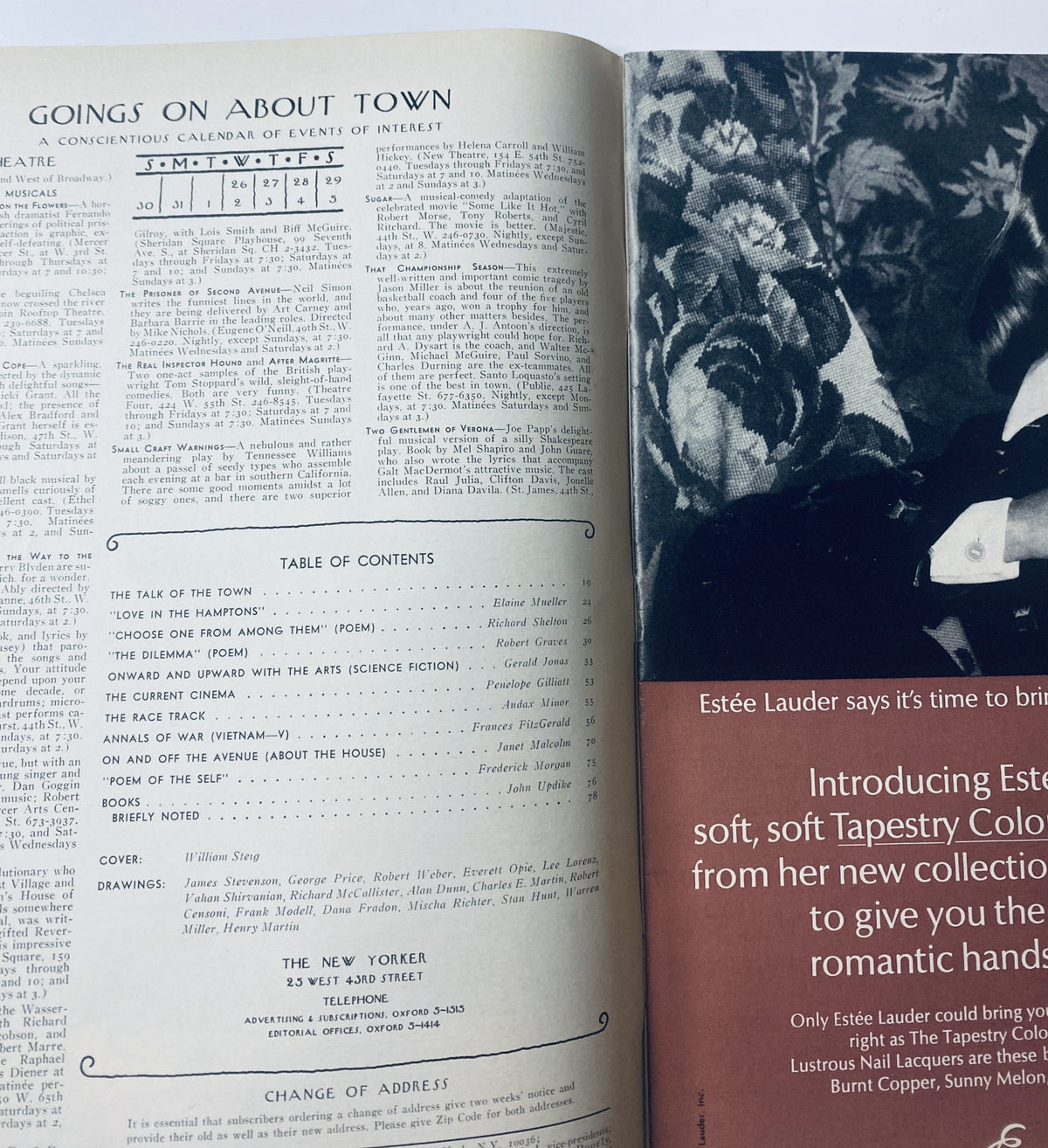 Inside page of The New Yorker Magazine from July 29, 1972, displaying the Table of Contents and calendar of events.