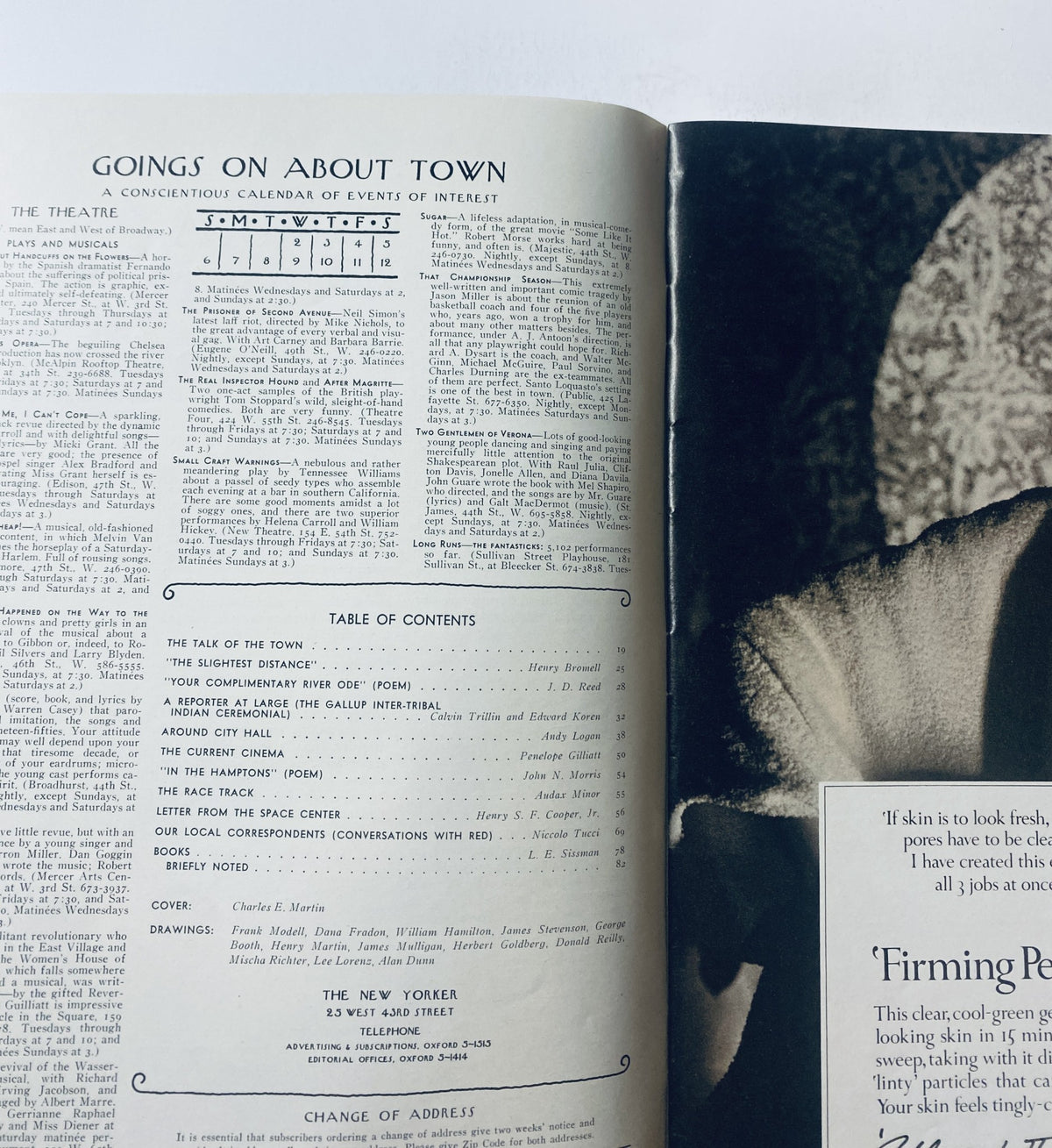 Interior page of The New Yorker Magazine August 5, 1972, showcasing the Table of Contents and a section titled 'Goings On About Town', along with details about the magazine's articles and illustrations.