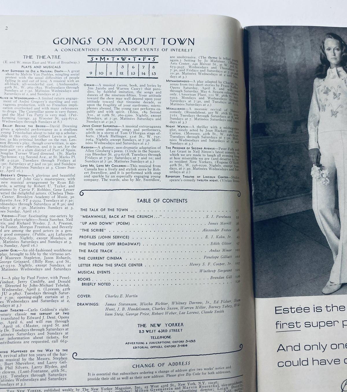 An interior page of The New Yorker Magazine April 8, 1972 showcasing the Table of Contents and the 'Goings on About Town' section.