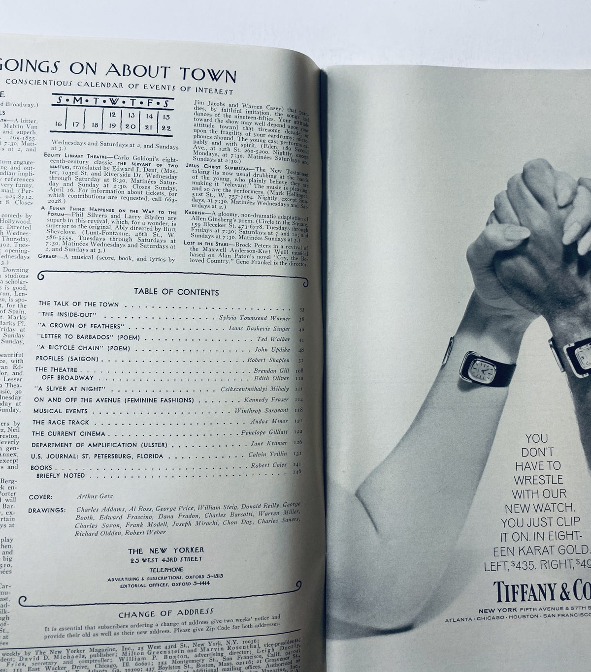 The New Yorker Magazine April 15, 1972 featuring the Owl Exhibit cover by Arthur Getz. The interior page showcases the Table of Contents with article titles and authors such as 'The Talk of the Town', 'The Inside-Out', and additional content highlighting various literary pieces and profiles. The magazine is noted for its vintage aesthetic and light edge wear.