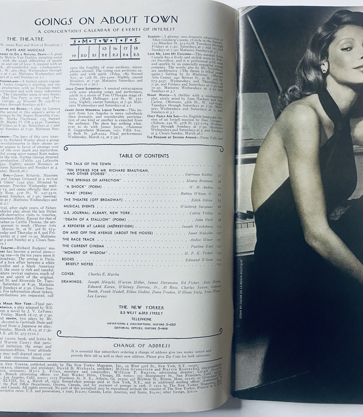 The New Yorker Magazine March 18, 1972 displaying a calendar of events and a table of contents including features such as 'The Talk of the Town' and various literary works. The magazine is in very good condition, showing light edge wear.
