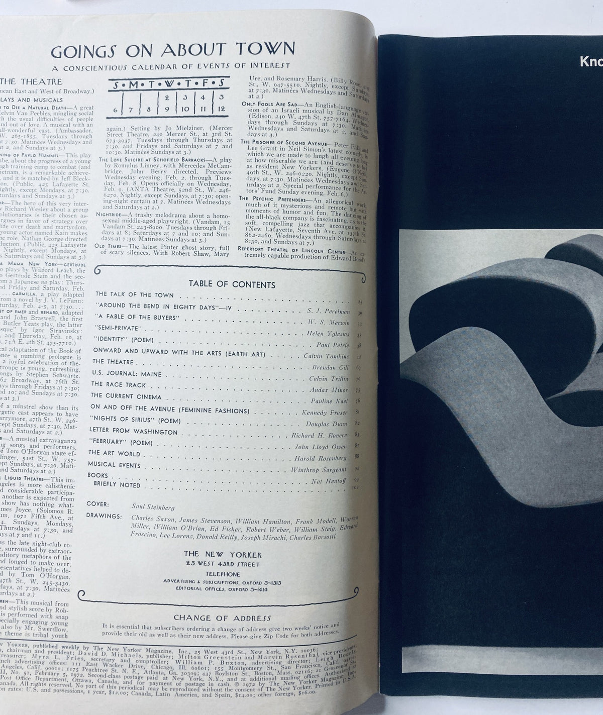 Table of contents page from The New Yorker Magazine February 5, 1972, listing various articles, including contributions from S. J. Perelman and Calvin Tomkins, along with a note about the cover art by Saul Steinberg.