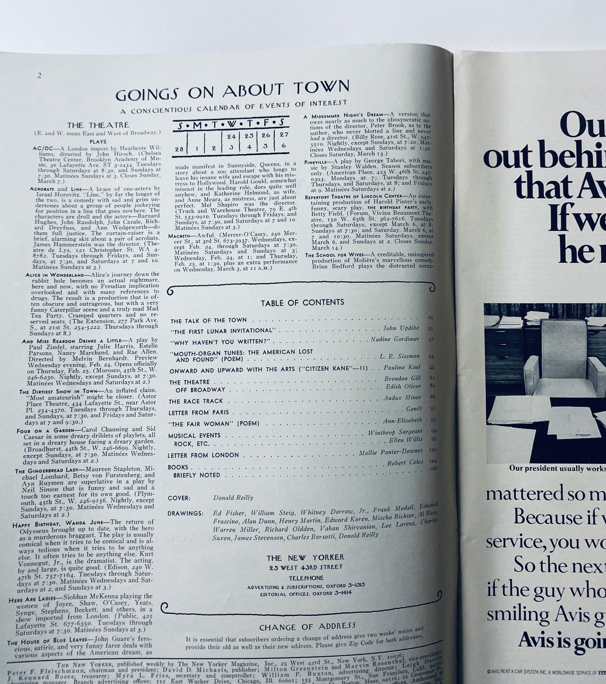 Inside page of The New Yorker Magazine from February 27, 1971, displaying the 'Goings On About Town' section and the Table of Contents, summarizing articles and drawings featured in this issue.