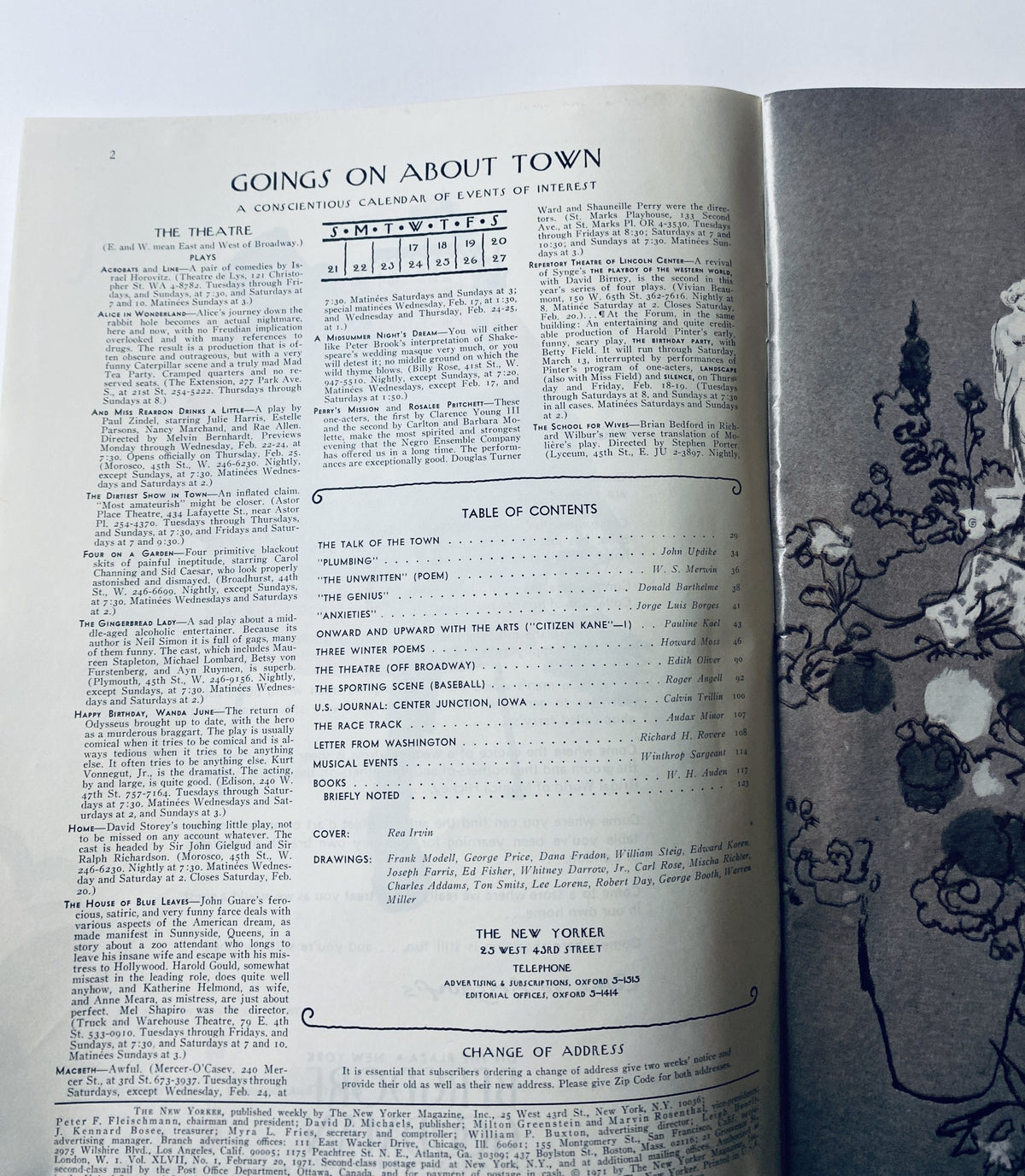 Inside page of The New Yorker Magazine February 20, 1971 displaying the Table of Contents and a calendar of events, showcasing the magazine's content and features.