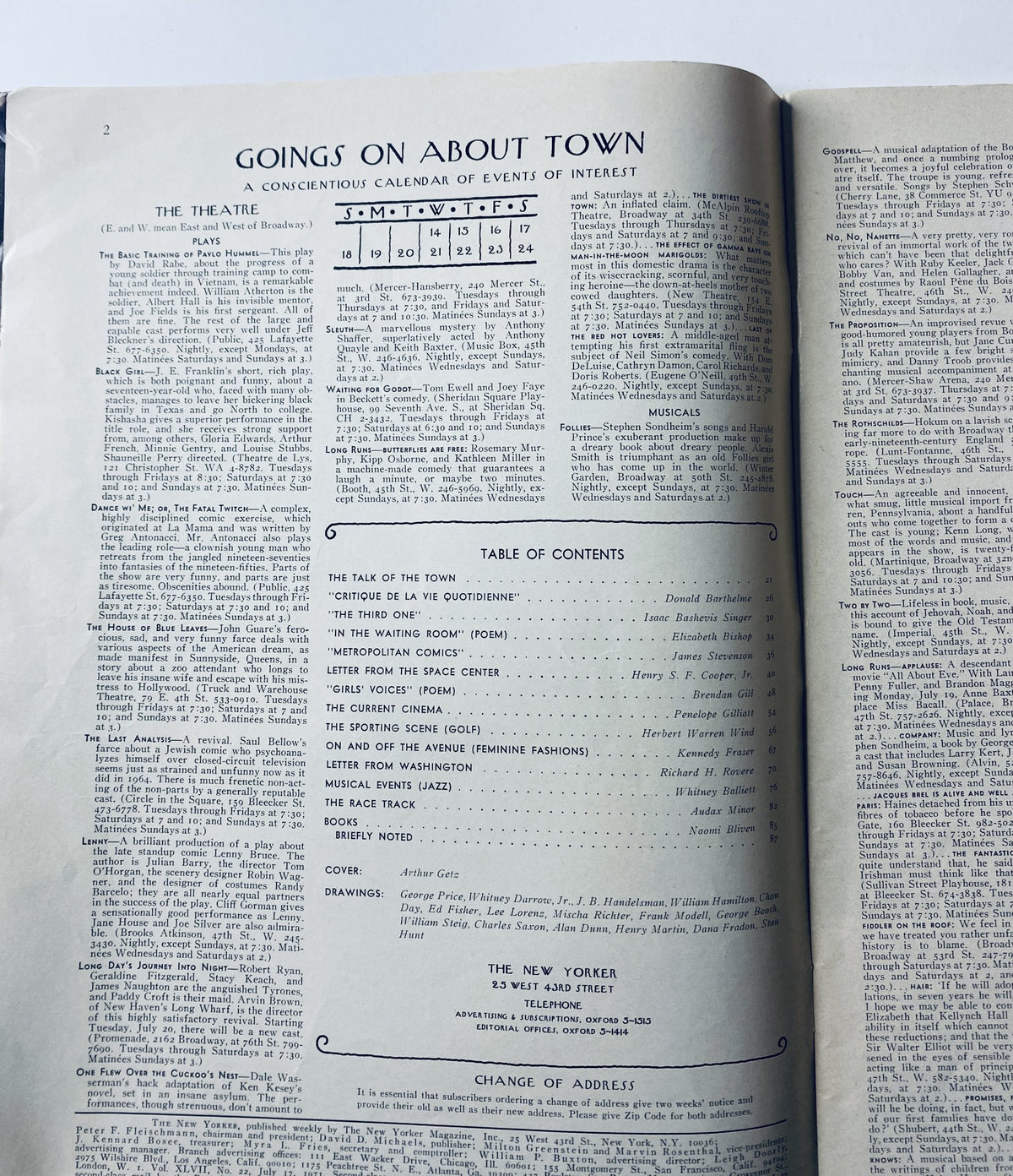 Inside page of The New Yorker Magazine July 17, 1971 showing the Table of Contents and calendar of events.