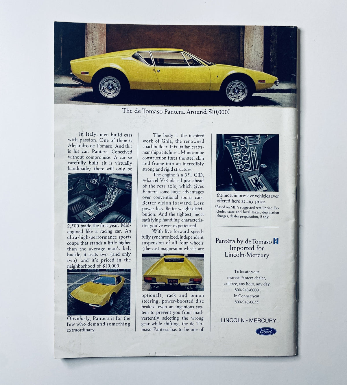 Advertisement from The New Yorker Magazine July 17, 1971 featuring the de Tomaso Pantera car along with its specifications.