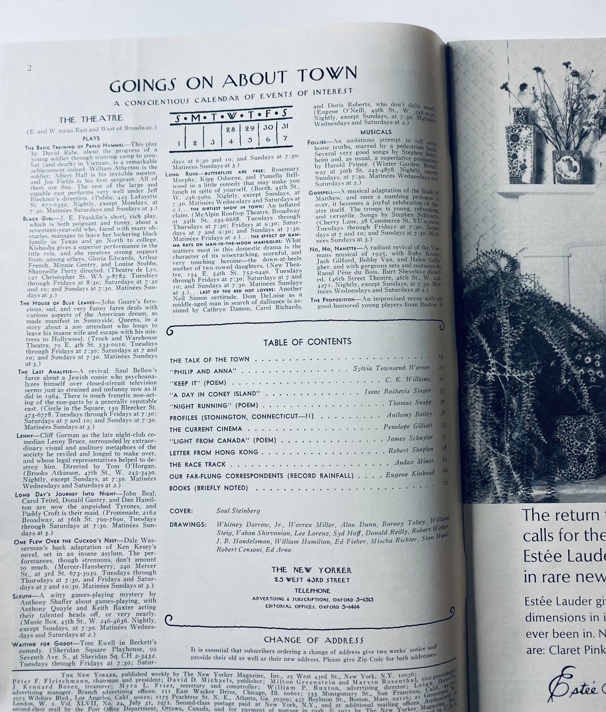 Inside page of The New Yorker Magazine July 31, 1971, displaying the 'Goings on About Town' section and the Table of Contents with various article details.