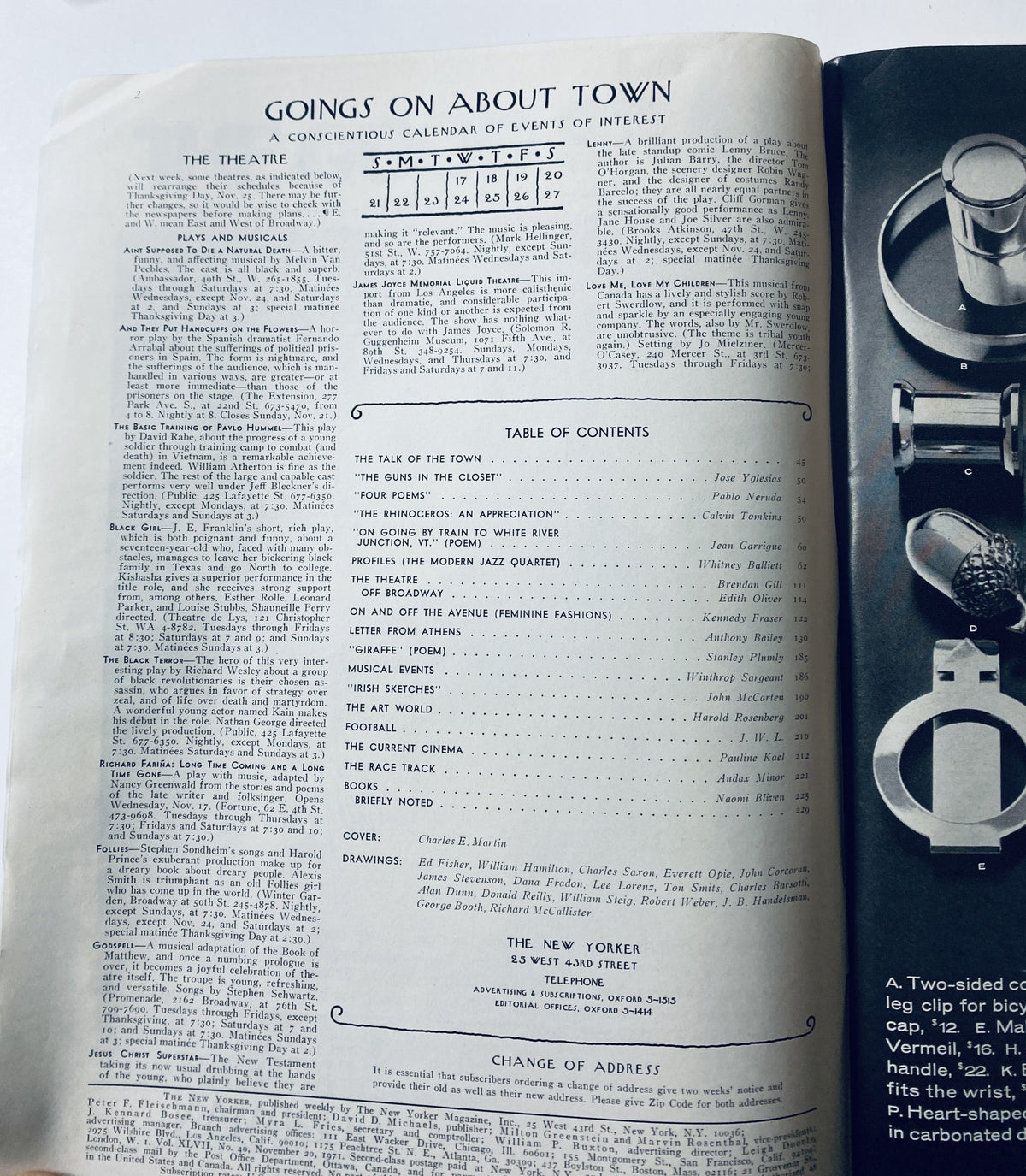 Inside spread of The New Yorker Magazine from November 20, 1971, displaying the Table of Contents and calendar for cultural events, highlighting various articles and contributors.