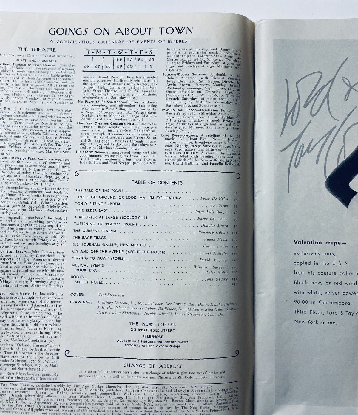 Inside page of The New Yorker Magazine September 25, 1971 detailing the contents and events calendar, including 'The Talk of the Town' and contributions from various writers.