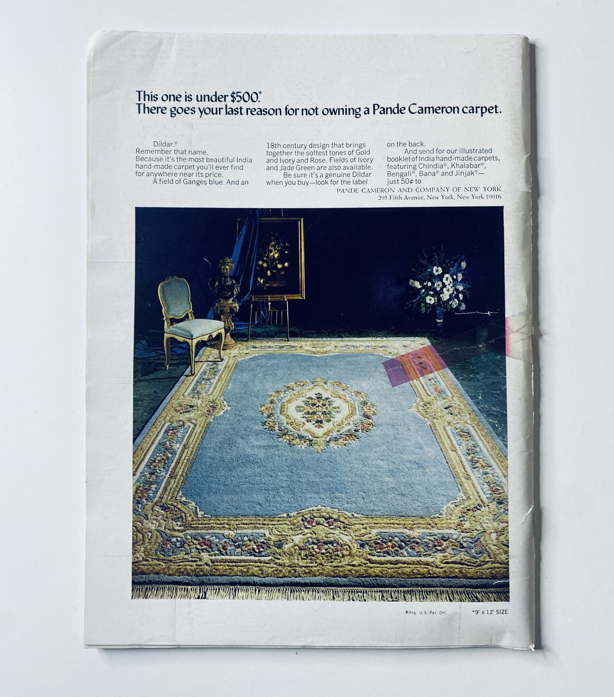 Back cover of The New Yorker Magazine September 25, 1971 featuring an advertisement for a Pande Cameron carpet, highlighting its design and price.