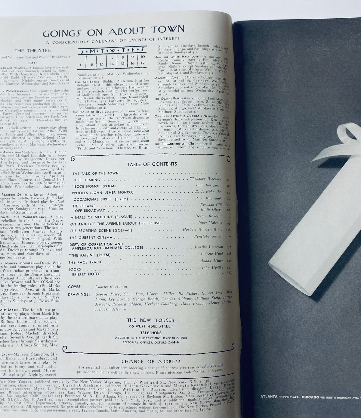 Inside page of The New Yorker Magazine from April 10, 1971, showcasing the Table of Contents and various listings under 'Goings On About Town'.
