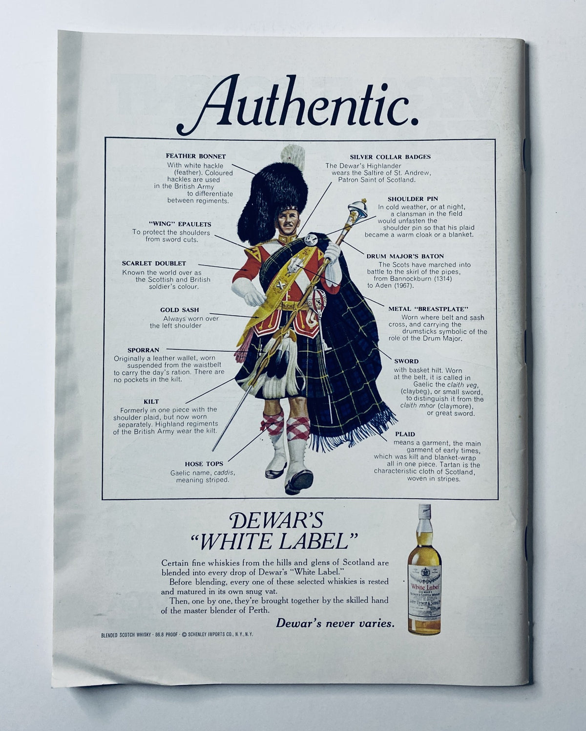Advertisement page in The New Yorker Magazine February 6, 1971, showcasing Dewar's White Label whisky with detailed descriptions of Scottish attire and symbols.