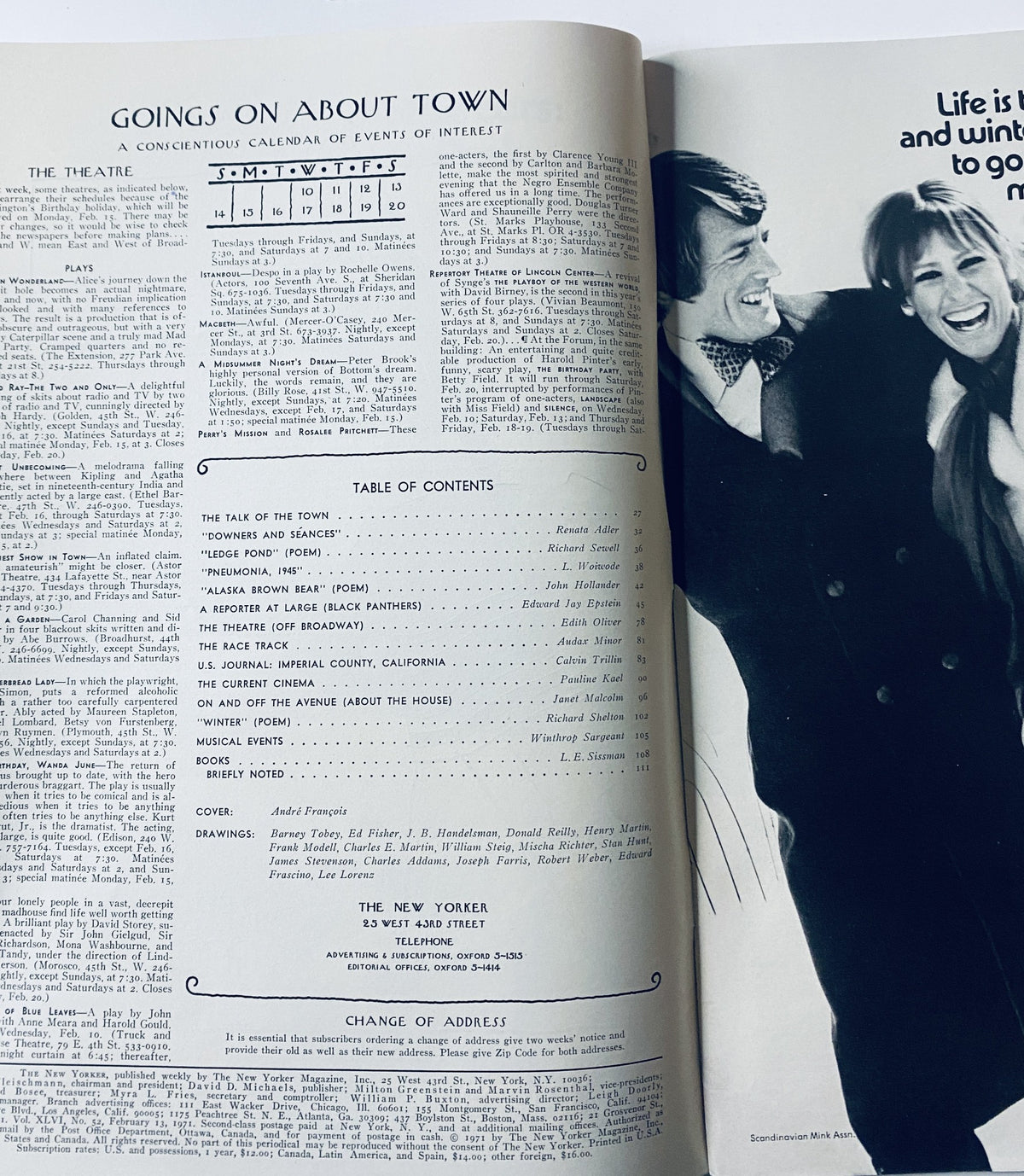 Interior page layout showing the Table of Contents and Goings On About Town in The New Yorker Magazine February 13, 1971.