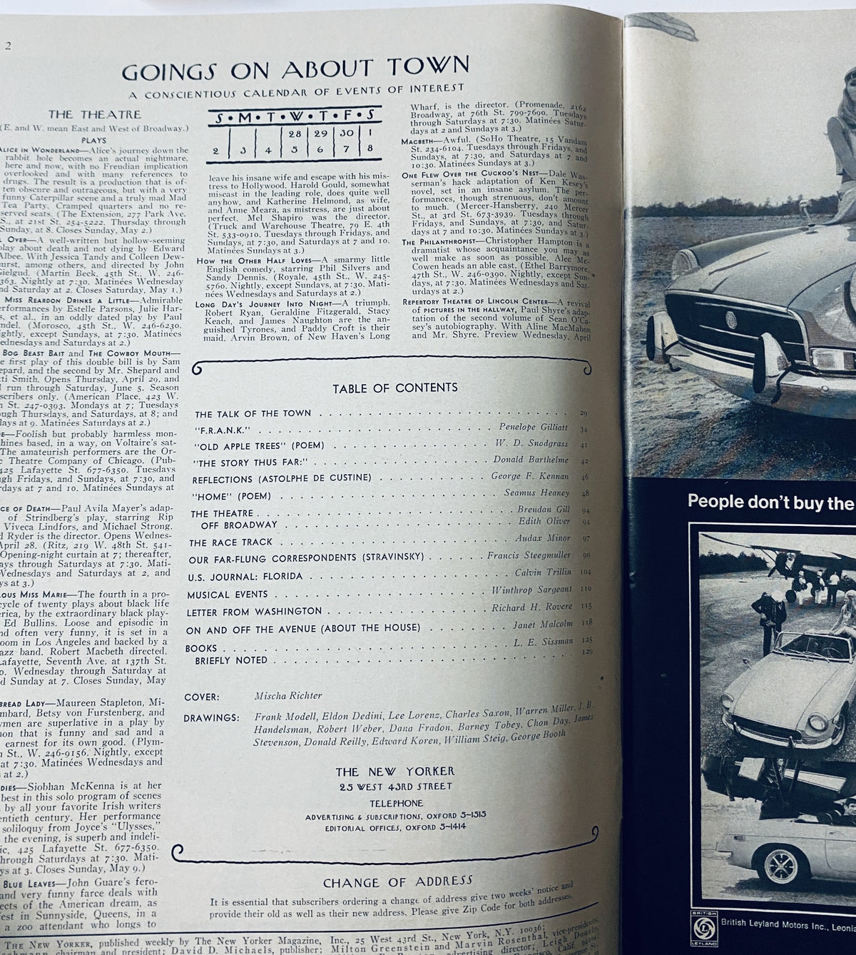 Inside page of The New Yorker Magazine May 1, 1971 showing the Table of Contents, including 'The Talk of the Town' and various articles and contributions, along with the artistic details of the publication.