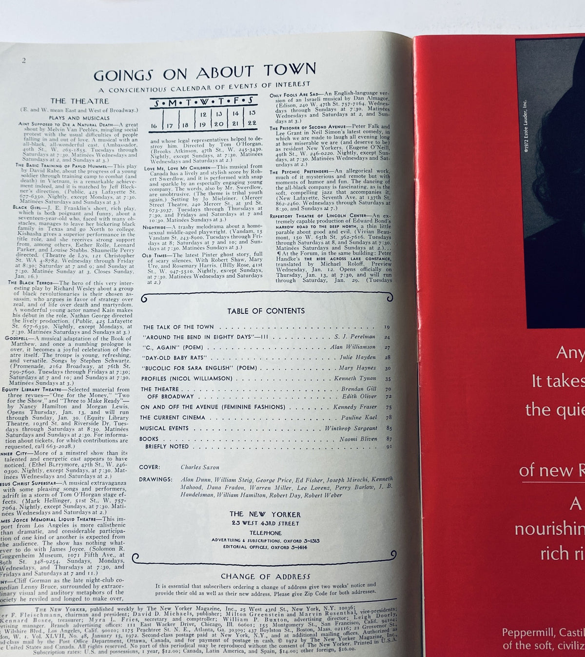 Interior page of The New Yorker Magazine January 15, 1972 showing the Table of Contents and a calendar of events, including contributions by various writers.