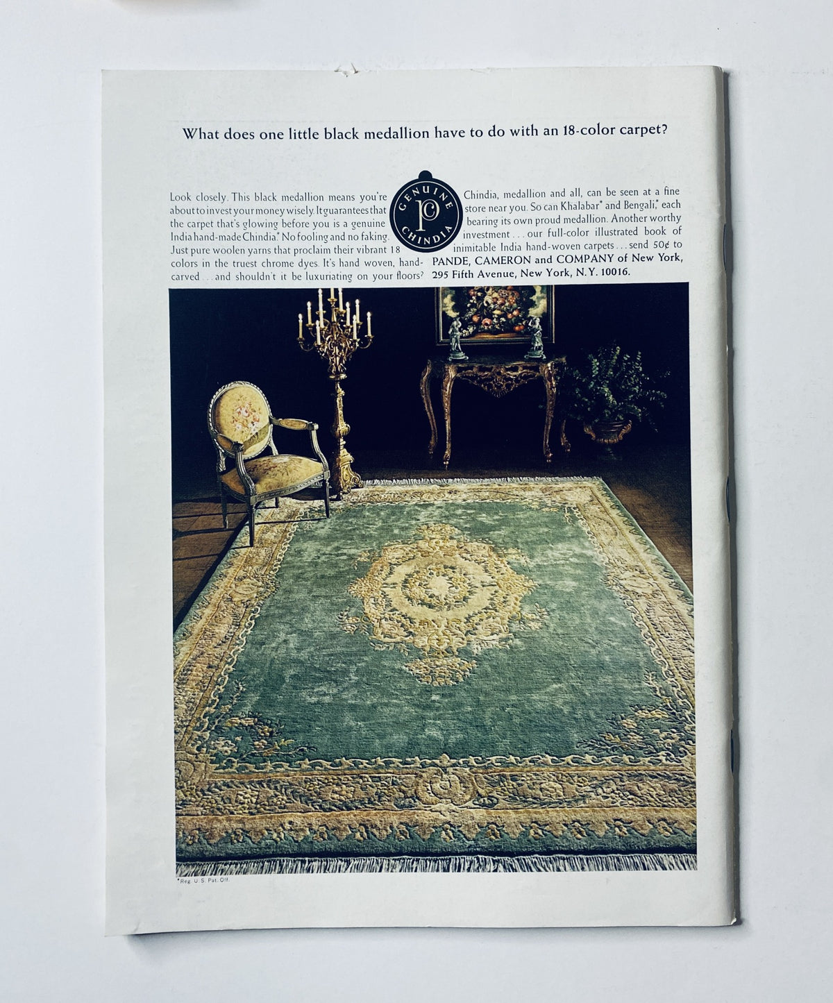 Advertisement page from The New Yorker Magazine January 15, 1972 showcasing a luxurious black medallion carpet with elegant armchair, promoting Pandel, Cameron, and Company.
