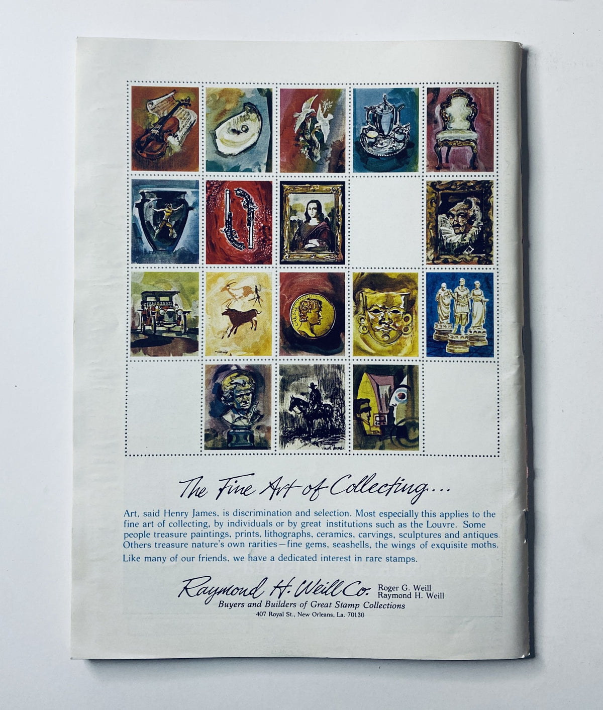 The New Yorker Magazine December 16, 1972, showcasing a couple in a tree lot on the cover, features vintage postage stamps in a grid layout illustrating various collectibles in an advertisement for Raymond H. Weil Co.