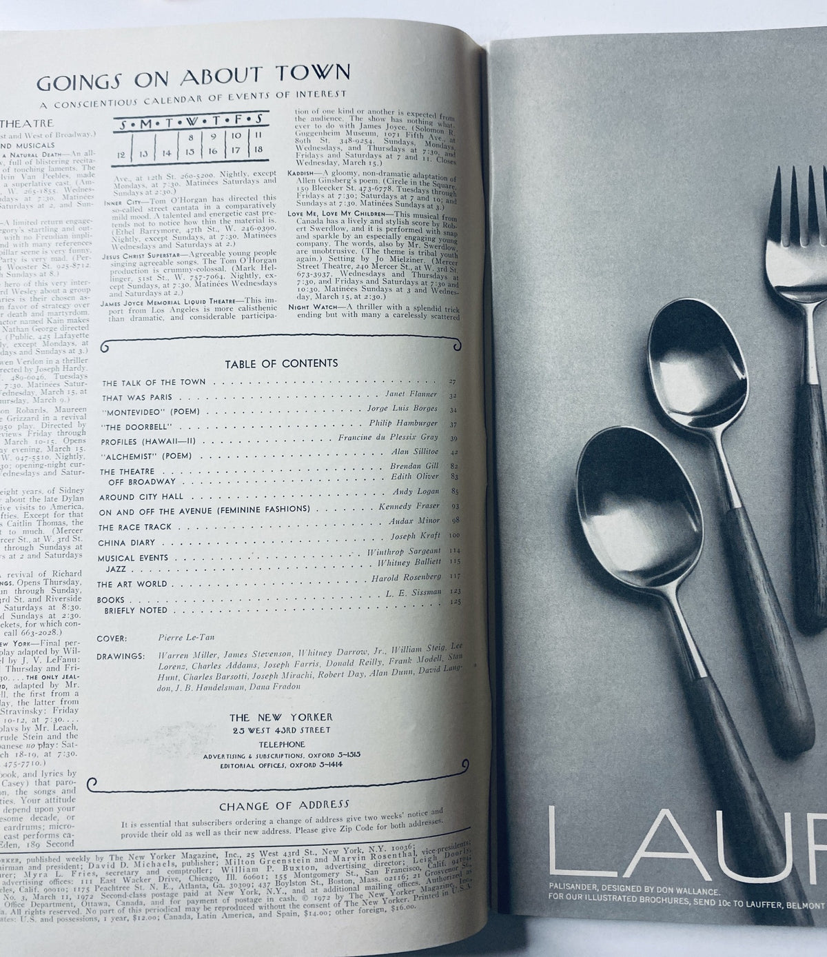 Inside page of The New Yorker magazine, March 11, 1972, displaying the table of contents and event calendar, showcasing sections like 'The Talk of the Town' and illustrations by various artists.