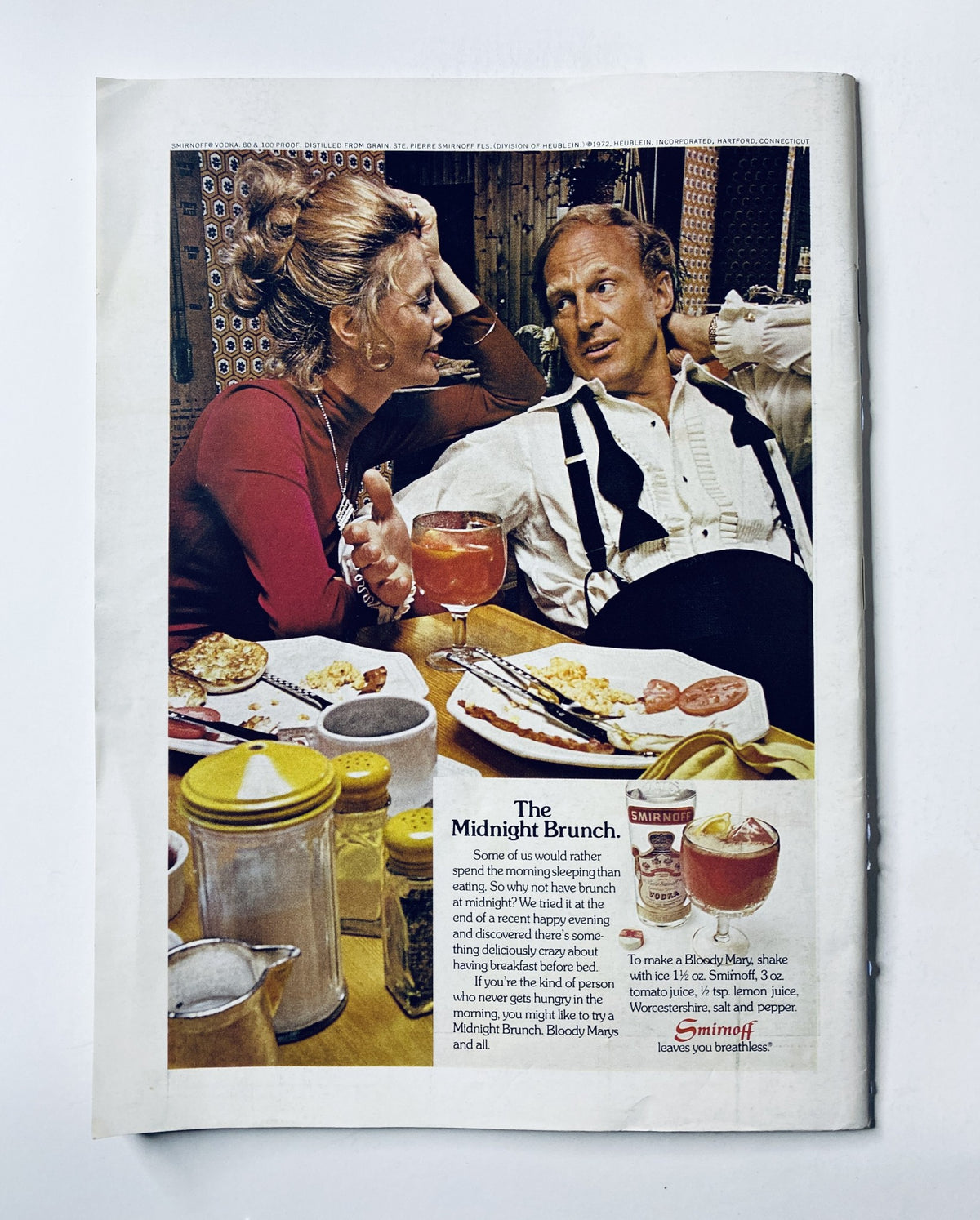 Advertisement page from The New Yorker Magazine December 30, 1972, titled 'The Midnight Brunch,' featuring a couple dining and cocktails, promoting Smirnoff vodka for brunch recipes.