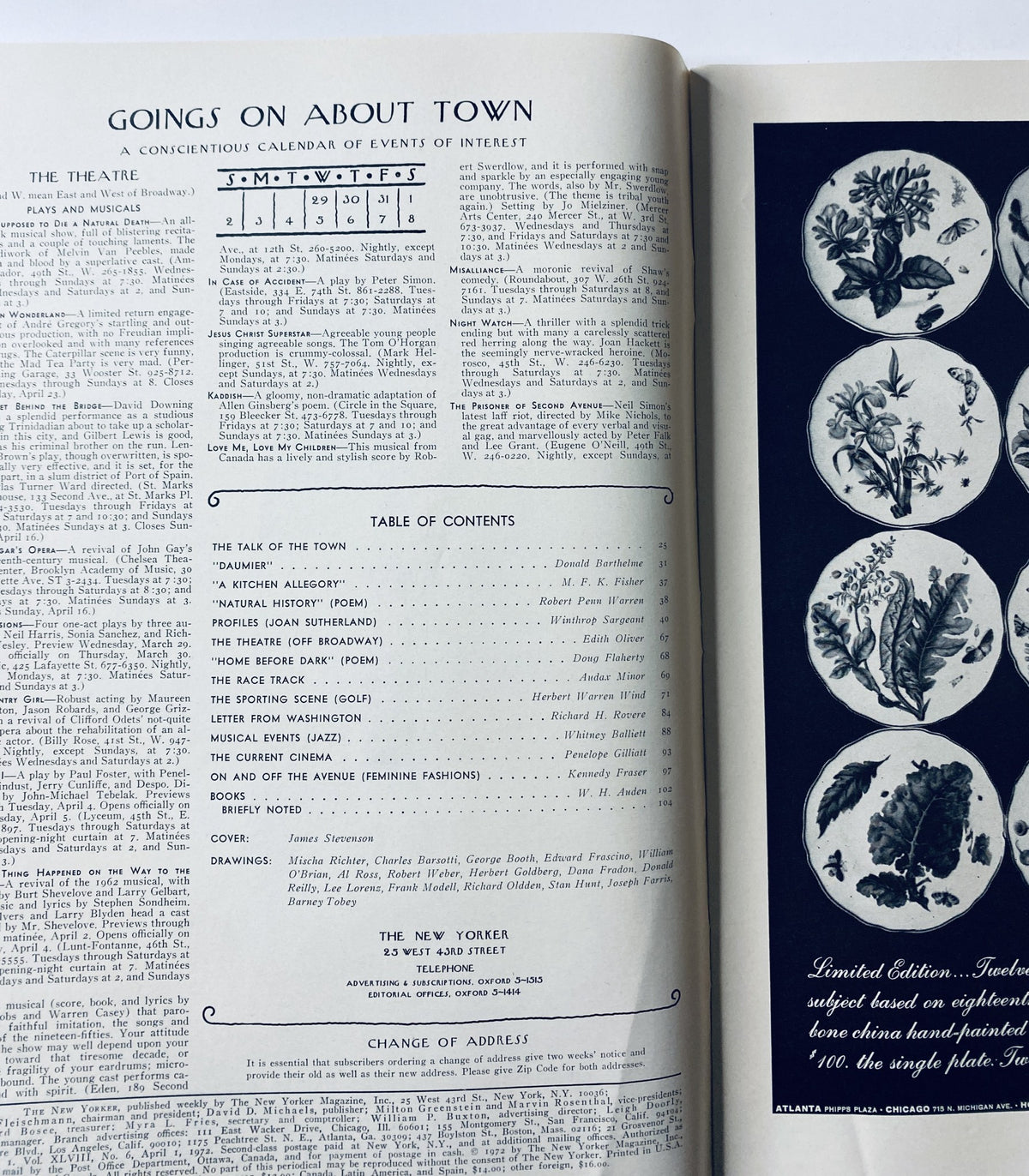 Interior page of The New Yorker Magazine April 1, 1972 displaying the table of contents and events calendar.