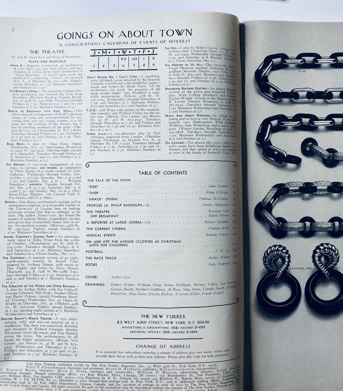 Interior page of The New Yorker Magazine December 2, 1972, displaying the Table of Contents and event calendar, with articles including profiles and reviews.