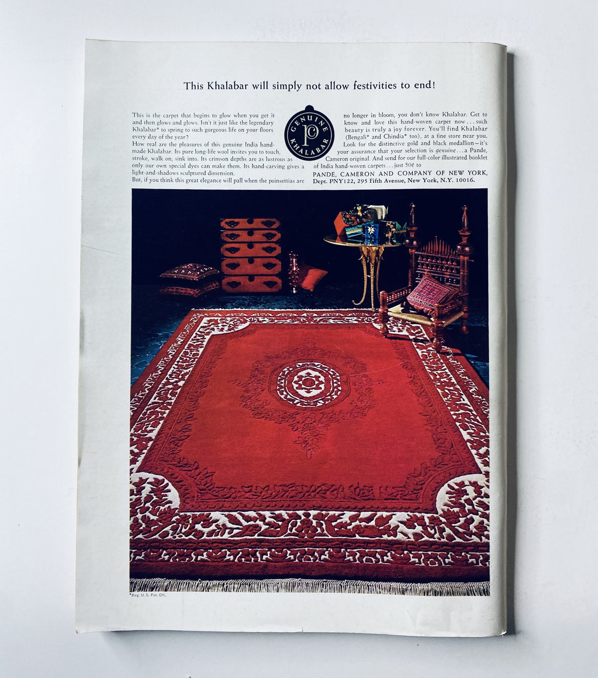 Image from The New Yorker Magazine December 2, 1972, featuring an advertisement for a luxurious Khalabar rug with detailed patterns and vibrant colors, showcasing the elegance of home decor.